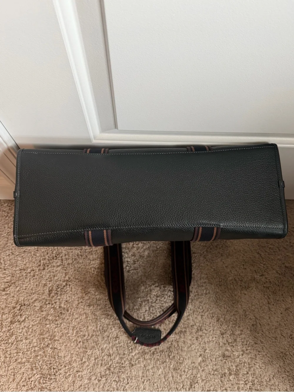 Coach Black Pebbled Leather Messenger Tote with Burgundy Branded Straps